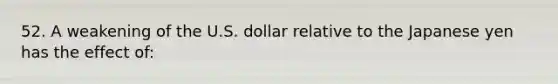 52. A weakening of the U.S. dollar relative to the Japanese yen has the effect of: