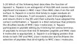 5-20 Which of the following best describes the function of tapasin? a. Tapasin is an antagonist of HLA-DM and causes more significant increases in MHC class I than MHC class II on the cell surface. b. Tapasin is a lectin that binds to sugar residues on MHC class I molecules, T-cell receptors, and immunoglobulins and retains them in the ER until their subunits have adopted the correct conformation. c. Tapasin is a thiol-reductase that protects the disulfide bonds of MHC class I molecules. d. Tapasin participates in peptide editing by trimming the amino terminus of peptides to ensure that the fit between peptide and MHC class II molecules is appropriate. e. Tapasin is a bridging protein that binds to both TAP and MHC class I molecules and facilitates the selection of peptides that bind tightly to MHC class I molecules.