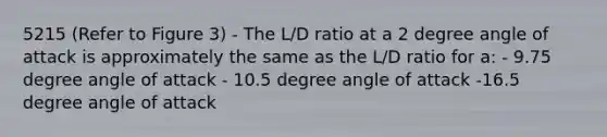 5215 (Refer to Figure 3) - The L/D ratio at a 2 degree angle of attack is approximately the same as the L/D ratio for a: - 9.75 degree angle of attack - 10.5 degree angle of attack -16.5 degree angle of attack