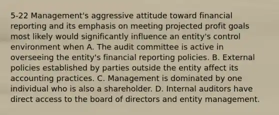 5-22 Management's aggressive attitude toward financial reporting and its emphasis on meeting projected profit goals most likely would significantly influence an entity's control environment when A. The audit committee is active in overseeing the entity's financial reporting policies. B. External policies established by parties outside the entity affect its accounting practices. C. Management is dominated by one individual who is also a shareholder. D. Internal auditors have direct access to the board of directors and entity management.