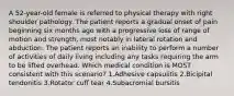 A 52-year-old female is referred to physical therapy with right shoulder pathology. The patient reports a gradual onset of pain beginning six months ago with a progressive loss of range of motion and strength, most notably in lateral rotation and abduction. The patient reports an inability to perform a number of activities of daily living including any tasks requiring the arm to be lifted overhead. Which medical condition is MOST consistent with this scenario? 1.Adhesive capsulitis 2.Bicipital tendonitis 3.Rotator cuff tear 4.Subacromial bursitis