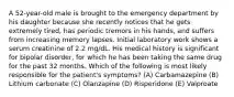 A 52-year-old male is brought to the emergency department by his daughter because she recently notices that he gets extremely tired, has periodic tremors in his hands, and suffers from increasing memory lapses. Initial laboratory work shows a serum creatinine of 2.2 mg/dL. His medical history is significant for bipolar disorder, for which he has been taking the same drug for the past 32 months. Which of the following is most likely responsible for the patient's symptoms? (A) Carbamazepine (B) Lithium carbonate (C) Olanzapine (D) Risperidone (E) Valproate