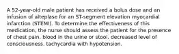 A 52-year-old male patient has received a bolus dose and an infusion of alteplase for an ST-segment elevation myocardial infarction (STEMI). To determine the effectiveness of this medication, the nurse should assess the patient for the presence of chest pain. blood in the urine or stool. decreased level of consciousness. tachycardia with hypotension.