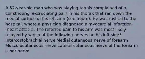 A 52-year-old man who was playing tennis complained of a constricting, excruciating pain in his thorax that ran down the medial surface of his left arm (see figure). He was rushed to the hospital, where a physician diagnosed a myocardial infarction (heart attack). The referred pain to his arm was most likely relayed by which of the following nerves on his left side? Intercostobrachial nerve Medial cutaneous nerve of forearm Musculocutaneous nerve Lateral cutaneous nerve of the forearm Ulnar nerve