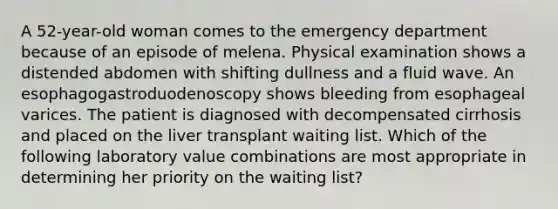 A 52-year-old woman comes to the emergency department because of an episode of melena. Physical examination shows a distended abdomen with shifting dullness and a fluid wave. An esophagogastroduodenoscopy shows bleeding from esophageal varices. The patient is diagnosed with decompensated cirrhosis and placed on the liver transplant waiting list. Which of the following laboratory value combinations are most appropriate in determining her priority on the waiting list?