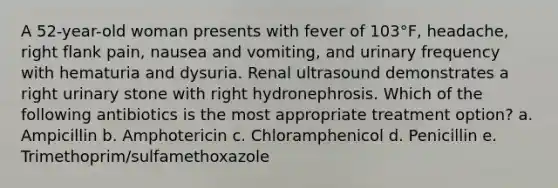 A 52-year-old woman presents with fever of 103°F, headache, right flank pain, nausea and vomiting, and urinary frequency with hematuria and dysuria. Renal ultrasound demonstrates a right urinary stone with right hydronephrosis. Which of the following antibiotics is the most appropriate treatment option? a. Ampicillin b. Amphotericin c. Chloramphenicol d. Penicillin e. Trimethoprim/sulfamethoxazole