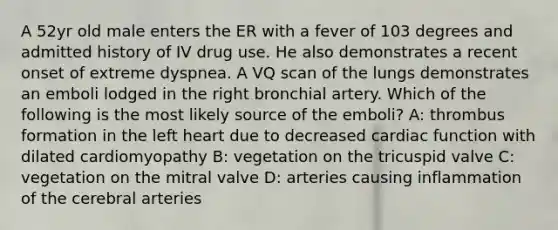 A 52yr old male enters the ER with a fever of 103 degrees and admitted history of IV drug use. He also demonstrates a recent onset of extreme dyspnea. A VQ scan of the lungs demonstrates an emboli lodged in the right bronchial artery. Which of the following is the most likely source of the emboli? A: thrombus formation in the left heart due to decreased cardiac function with dilated cardiomyopathy B: vegetation on the tricuspid valve C: vegetation on the mitral valve D: arteries causing inflammation of the cerebral arteries