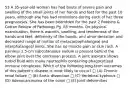 53 A 35-year-old woman has had bouts of severe pain and swelling of the small joints of her hands and feet for the past 10 years, although she has had remissions during each of her three pregnancies. She has been bedridden for the past 2 Robbins & Cotran Review of Pathology Pg. 85 months. On physical examination, there is warmth, swelling, and tenderness of the hands and feet, deformity of the hands, and ulnar deviation and decreased range of motion of metacarpophalangeal and interphalangeal joints. She has no muscle pain or skin rash. A painless 1.5-cm subcutaneous nodule is present behind the elbow joint over the olecranon process. A joint aspirate shows turbid fluid with many neutrophils containing phagocytized immune complexes. Which of the following long-term outcomes of this patient's disease is most likely to occur? □ (A) Chronic renal failure □ (B) Aortic dissection □ (C) Vertebral kyphosis □ (D) Adenocarcinoma of the colon □ (E) Joint deformities