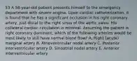 53 A 58-year-old patient presents himself to the emergency department with severe angina. Upon cardiac catheterization, it is found that he has a significant occlusion in his right coronary artery, just distal to the right sinus of the aortic valve. His collateral cardiac circulation is minimal. Assuming the patient is right coronary dominant, which of the following arteries would be most likely to still have normal blood flow? A. Right (acute) marginal artery B. Atrioventricular nodal artery C. Posterior interventricular artery D. Sinoatrial nodal artery E. Anterior interventricular artery