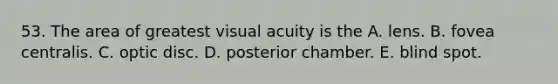 53. The area of greatest visual acuity is the A. lens. B. fovea centralis. C. optic disc. D. posterior chamber. E. blind spot.