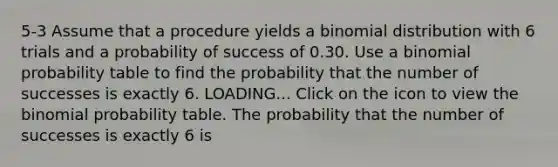 5-3 Assume that a procedure yields a binomial distribution with 6 trials and a probability of success of 0.30. Use a binomial probability table to find the probability that the number of successes is exactly 6. LOADING... Click on the icon to view the binomial probability table. The probability that the number of successes is exactly 6 is