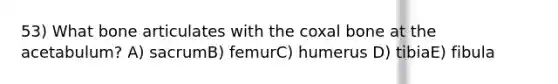 53) What bone articulates with the coxal bone at the acetabulum? A) sacrumB) femurC) humerus D) tibiaE) fibula