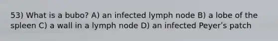 53) What is a bubo? A) an infected lymph node B) a lobe of the spleen C) a wall in a lymph node D) an infected Peyerʹs patch