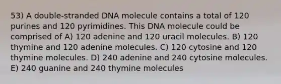 53) A double-stranded DNA molecule contains a total of 120 purines and 120 pyrimidines. This DNA molecule could be comprised of A) 120 adenine and 120 uracil molecules. B) 120 thymine and 120 adenine molecules. C) 120 cytosine and 120 thymine molecules. D) 240 adenine and 240 cytosine molecules. E) 240 guanine and 240 thymine molecules