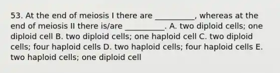 53. At the end of meiosis I there are __________, whereas at the end of meiosis II there is/are __________. A. two diploid cells; one diploid cell B. two diploid cells; one haploid cell C. two diploid cells; four haploid cells D. two haploid cells; four haploid cells E. two haploid cells; one diploid cell