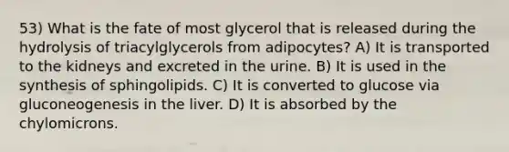 53) What is the fate of most glycerol that is released during the hydrolysis of triacylglycerols from adipocytes? A) It is transported to the kidneys and excreted in the urine. B) It is used in the synthesis of sphingolipids. C) It is converted to glucose via gluconeogenesis in the liver. D) It is absorbed by the chylomicrons.