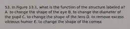 53. In Figure 13.1, what is the function of the structure labeled a? A. to change the shape of the eye B. to change the diameter of the pupil C. to change the shape of the lens D. to remove excess vitreous humor E. to change the shape of the cornea