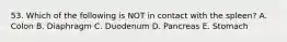 53. Which of the following is NOT in contact with the spleen? A. Colon B. Diaphragm C. Duodenum D. Pancreas E. Stomach