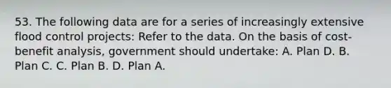 53. The following data are for a series of increasingly extensive flood control projects: Refer to the data. On the basis of cost-benefit analysis, government should undertake: A. Plan D. B. Plan C. C. Plan B. D. Plan A.