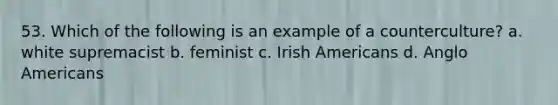 53. Which of the following is an example of a counterculture? a. white supremacist b. feminist c. Irish Americans d. Anglo Americans