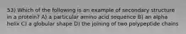 53) Which of the following is an example of secondary structure in a protein? A) a particular amino acid sequence B) an alpha helix C) a globular shape D) the joining of two polypeptide chains