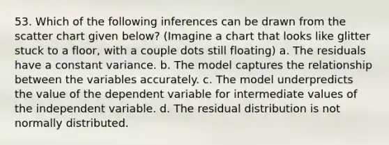 53. Which of the following inferences can be drawn from the scatter chart given below? (Imagine a chart that looks like glitter stuck to a floor, with a couple dots still floating) a. The residuals have a constant variance. b. The model captures the relationship between the variables accurately. c. The model underpredicts the value of the dependent variable for intermediate values of the independent variable. d. The residual distribution is not normally distributed.