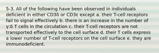 5-3. All of the following have been observed in individuals deficient in either CD3δ or CD3ε except a. their T-cell receptors fail to signal effectively b. there is an increase in the number of γ:δ T cells in the circulation c. their T-cell receptors are not transported effectively to the cell surface d. their T cells express a lower number of T-cell receptors on the cell surface e. they are immunodeficient.