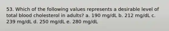 53. Which of the following values represents a desirable level of total blood cholesterol in adults? a. 190 mg/dL b. 212 mg/dL c. 239 mg/dL d. 250 mg/dL e. 280 mg/dL