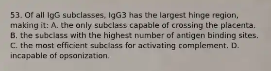 53. Of all IgG subclasses, IgG3 has the largest hinge region, making it: A. the only subclass capable of crossing the placenta. B. the subclass with the highest number of antigen binding sites. C. the most efficient subclass for activating complement. D. incapable of opsonization.