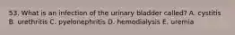 53. What is an infection of the urinary bladder called? A. cystitis B. urethritis C. pyelonephritis D. hemodialysis E. uremia