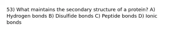 53) What maintains the <a href='https://www.questionai.com/knowledge/kRddrCuqpV-secondary-structure' class='anchor-knowledge'>secondary structure</a> of a protein? A) Hydrogen bonds B) Disulfide bonds C) Peptide bonds D) Ionic bonds