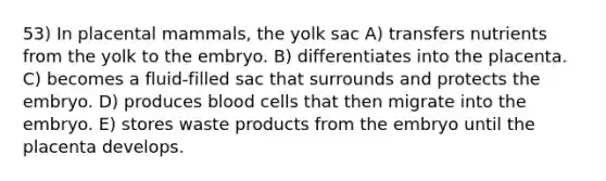 53) In placental mammals, the yolk sac A) transfers nutrients from the yolk to the embryo. B) differentiates into the placenta. C) becomes a fluid-filled sac that surrounds and protects the embryo. D) produces blood cells that then migrate into the embryo. E) stores waste products from the embryo until the placenta develops.