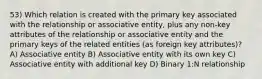 53) Which relation is created with the primary key associated with the relationship or associative entity, plus any non-key attributes of the relationship or associative entity and the primary keys of the related entities (as foreign key attributes)? A) Associative entity B) Associative entity with its own key C) Associative entity with additional key D) Binary 1:N relationship