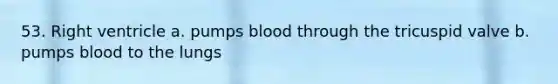 53. Right ventricle a. pumps blood through the tricuspid valve b. pumps blood to the lungs