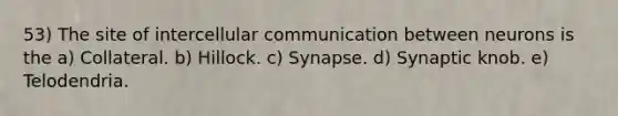 53) The site of intercellular communication between neurons is the a) Collateral. b) Hillock. c) Synapse. d) Synaptic knob. e) Telodendria.