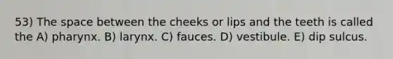 53) The space between the cheeks or lips and the teeth is called the A) pharynx. B) larynx. C) fauces. D) vestibule. E) dip sulcus.