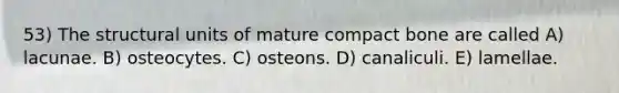 53) The structural units of mature compact bone are called A) lacunae. B) osteocytes. C) osteons. D) canaliculi. E) lamellae.