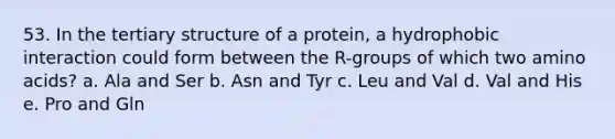 53. In the tertiary structure of a protein, a hydrophobic interaction could form between the R-groups of which two amino acids? a. Ala and Ser b. Asn and Tyr c. Leu and Val d. Val and His e. Pro and Gln