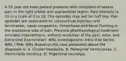 A 53 year old male patient presents with complaint of severe pain in the right orbital and supraorbital region. Pain intensity is 10 in a scale of 0 to 10. The episodes may last for half day. Pain episodes are associated to: conjunctival injection and lacrimation, nasal congestion, rhinorrhoea and facial flushing in the ipsolateral side of pain. Previous pharmacological treatment included indomethacin, without resolution of the pain. Intra- and Extra-Oral Examination: WNL Investigations: Intra Oral Series: WNL | PAN: WNL Based on the case presented above the diagnosis is: A. Cluster headache. B. Paroxymal hemicranias. C. Hemicrania continua. D. Trigeminal neuralgia.