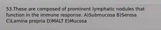 53.These are composed of prominent lymphatic nodules that function in the immune response. A)Submucosa B)Serosa C)Lamina propria D)MALT E)Mucosa