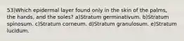 53)Which epidermal layer found only in the skin of the palms, the hands, and the soles? a)Stratum germinativum. b)Stratum spinosum. c)Stratum corneum. d)Stratum granulosum. e)Stratum lucidum.