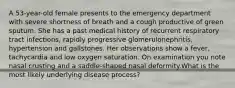 A 53-year-old female presents to the emergency department with severe shortness of breath and a cough productive of green sputum. She has a past medical history of recurrent respiratory tract infections, rapidly progressive glomerulonephritis, hypertension and gallstones. Her observations show a fever, tachycardia and low oxygen saturation. On examination you note nasal crusting and a saddle-shaped nasal deformity.What is the most likely underlying disease process?