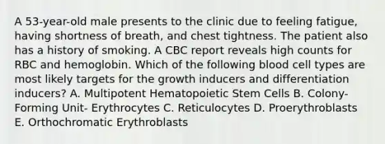 A 53-year-old male presents to the clinic due to feeling fatigue, having shortness of breath, and chest tightness. The patient also has a history of smoking. A CBC report reveals high counts for RBC and hemoglobin. Which of the following blood cell types are most likely targets for the growth inducers and differentiation inducers? A. Multipotent Hematopoietic Stem Cells B. Colony-Forming Unit- Erythrocytes C. Reticulocytes D. Proerythroblasts E. Orthochromatic Erythroblasts