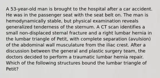 A 53-year-old man is brought to the hospital after a car accident. He was in the passenger seat with the seat belt on. The man is hemodynamically stable, but physical examination reveals generalized tenderness of the sternum. A CT scan identifies a small non-displaced sternal fracture and a right lumbar hernia in the lumbar triangle of Petit, with complete separation (avulsion) of the abdominal wall musculature from the iliac crest. After a discussion between the general and plastic surgery team, the doctors decided to perform a traumatic lumbar hernia repair. Which of the following structures bound the lumbar triangle of Petit?