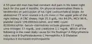 A 53-year-old man has had constant dull pain in his lower right back for the past 4 months. On physical examination there is tenderness on percussion of his right costovertebral angle. An abdominal CT scan reveals a 6 cm mass in the upper pole of the right kidney. A CBC shows: Hgb 21.3 g/dL, Hct 64.0%, MCV 96 fL, platelet count 199,000/microliter, and WBC count 8230/microliter. Serum chemistries include glucose 77 mg/dL, urea nitrogen 17 mg/dL, and creatinine 1.1 mg/dL. Which of the following is the most likely cause for his findings? A Polycythemia rubra vera B Erythroleukemia C Hemophilia A D Diabetes insipidus E Increased erythropoietin