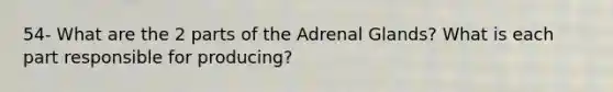 54- What are the 2 parts of the Adrenal Glands? What is each part responsible for producing?