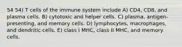 54 54) T cells of the immune system include A) CD4, CD8, and plasma cells. B) cytotoxic and helper cells. C) plasma, antigen-presenting, and memory cells. D) lymphocytes, macrophages, and dendritic cells. E) class I MHC, class II MHC, and memory cells.