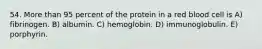 54. More than 95 percent of the protein in a red blood cell is A) fibrinogen. B) albumin. C) hemoglobin. D) immunoglobulin. E) porphyrin.