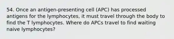 54. Once an antigen-presenting cell (APC) has processed antigens for the lymphocytes, it must travel through the body to find the T lymphocytes. Where do APCs travel to find waiting naive lymphocytes?