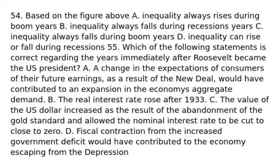 54. Based on the figure above A. inequality always rises during boom years B. inequality always falls during recessions years C. inequality always falls during boom years D. inequality can rise or fall during recessions 55. Which of the following statements is correct regarding the years immediately after Roosevelt became the US president? A. A change in the expectations of consumers of their future earnings, as a result of the New Deal, would have contributed to an expansion in the economys aggregate demand. B. The real interest rate rose after 1933. C. The value of the US dollar increased as the result of the abandonment of the gold standard and allowed the nominal interest rate to be cut to close to zero. D. Fiscal contraction from the increased government deficit would have contributed to the economy escaping from the Depression